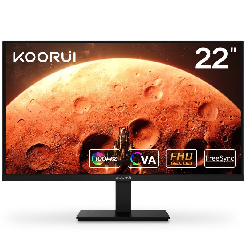 KOORUI شاشة كمبيوتر KOORUI 22 بوصة للألعاب بدقة Full HD 1080P 100Hz لوحة VA LCD مع مزامنة متكيفة (HDMI/VGA/VESA 100x100mm/مخرج صوت) - Image 1