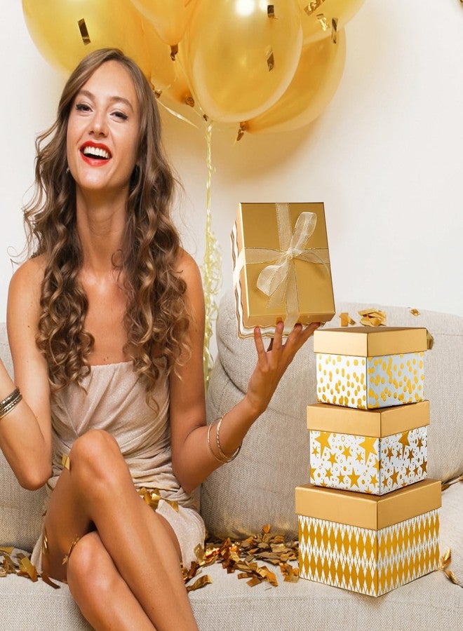 PAPER FAIR 4PCS Christmas Nesting Gift Boxes Set, Metallic Gold Foil Geometry Flat Square Cardboard Nested Box w/Lid, for Gift Wrapping Xmas New Year, Assorted Size - Image 2