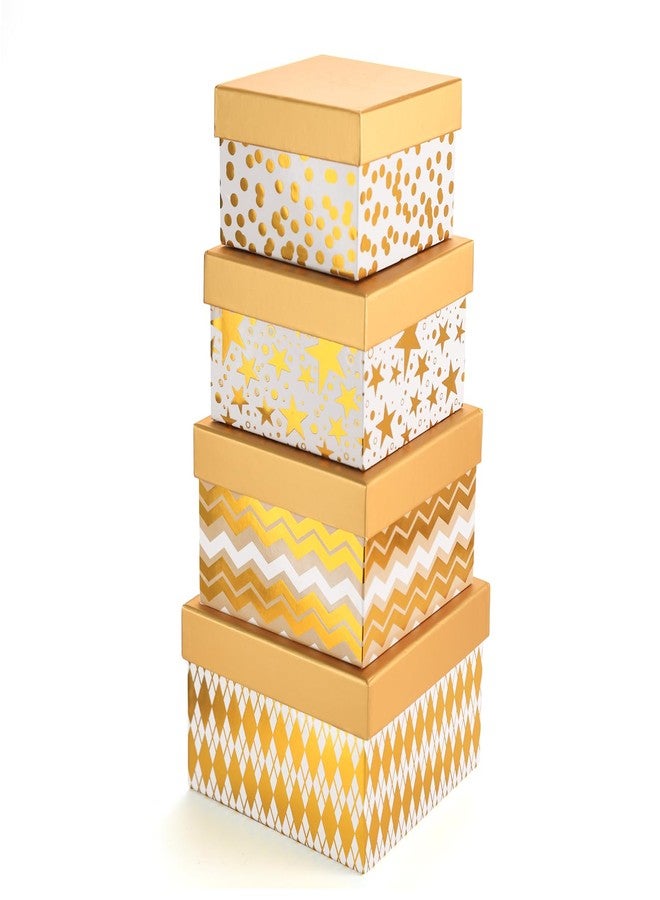 PAPER FAIR 4PCS Christmas Nesting Gift Boxes Set, Metallic Gold Foil Geometry Flat Square Cardboard Nested Box w/Lid, for Gift Wrapping Xmas New Year, Assorted Size - Image 1
