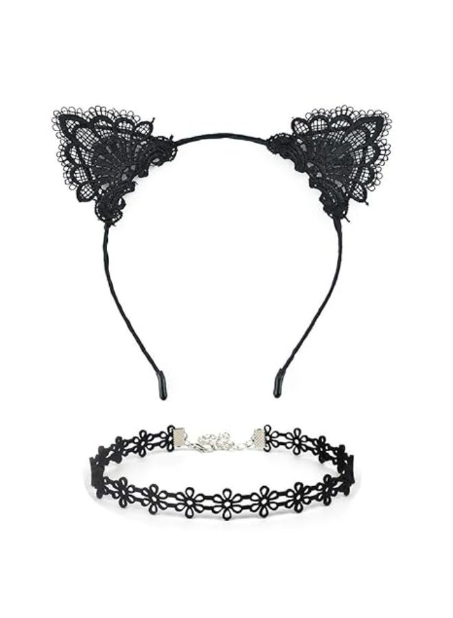 كاست ويف شريط راس وقبة على شكل اذني قطة من الدانتيل الاسود للنساء من فيرينو، اكسسوارات شعر، هدية للحفلات، شريط للراس، ازياء تنكرية، فستان فاخر من قطعتين - Image 1