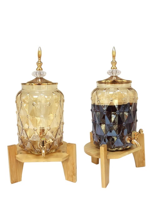 Glass Beverage Dispenser with Lid and Base Glassware for Water, Juice, Iced Tea Clear Honey Color with Wood Base