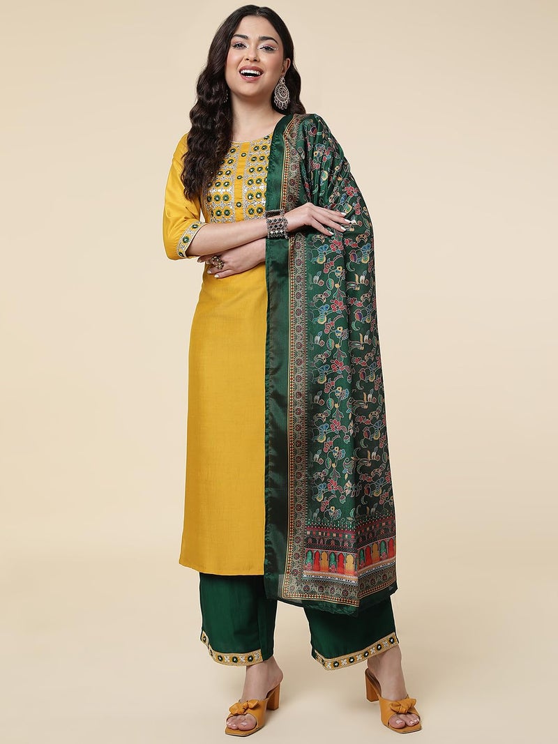 Shiv Textiles Silk Embroidered Kurta Set for Women (224-Yellow-L) - Image 4