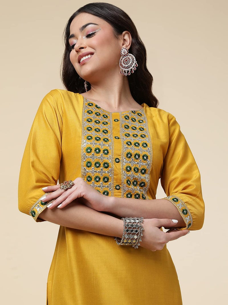 Shiv Textiles Silk Embroidered Kurta Set for Women (224-Yellow-L) - Image 3
