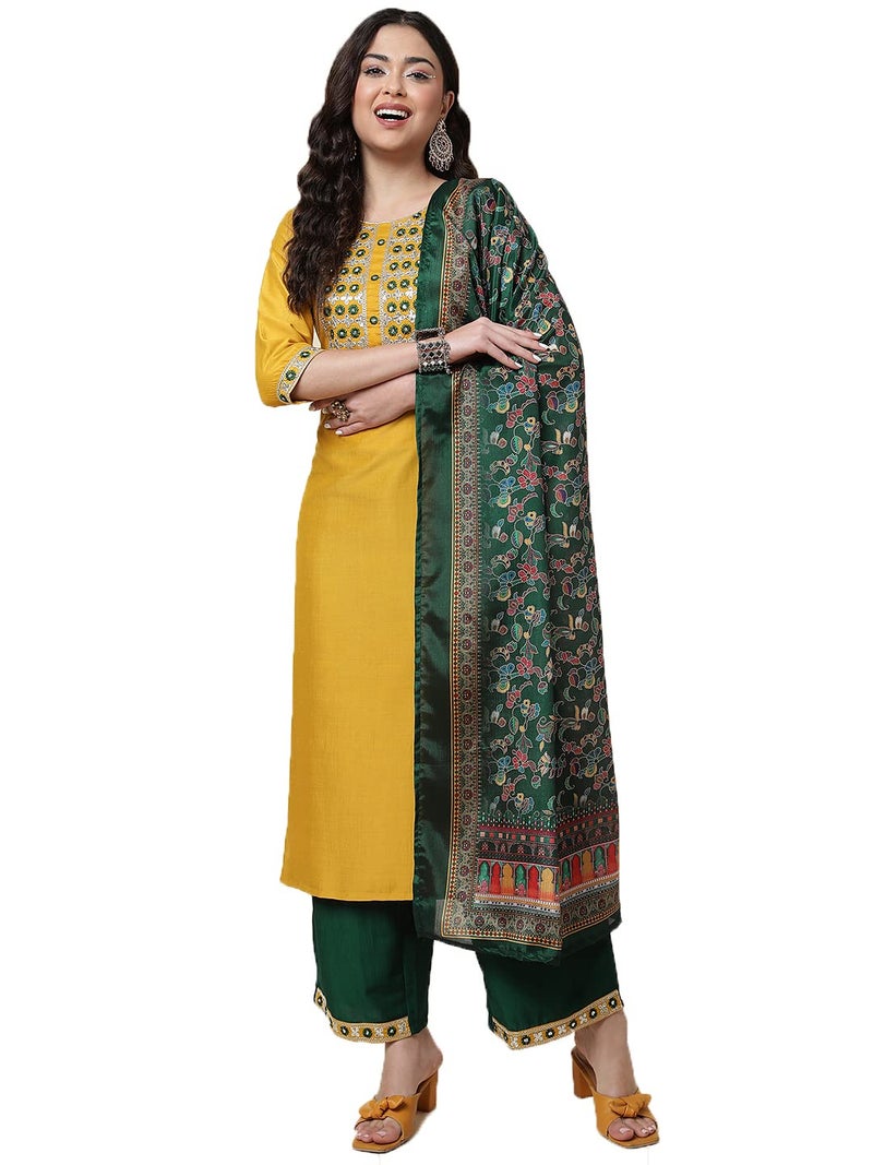 Shiv Textiles Silk Embroidered Kurta Set for Women (224-Yellow-L) - Image 1