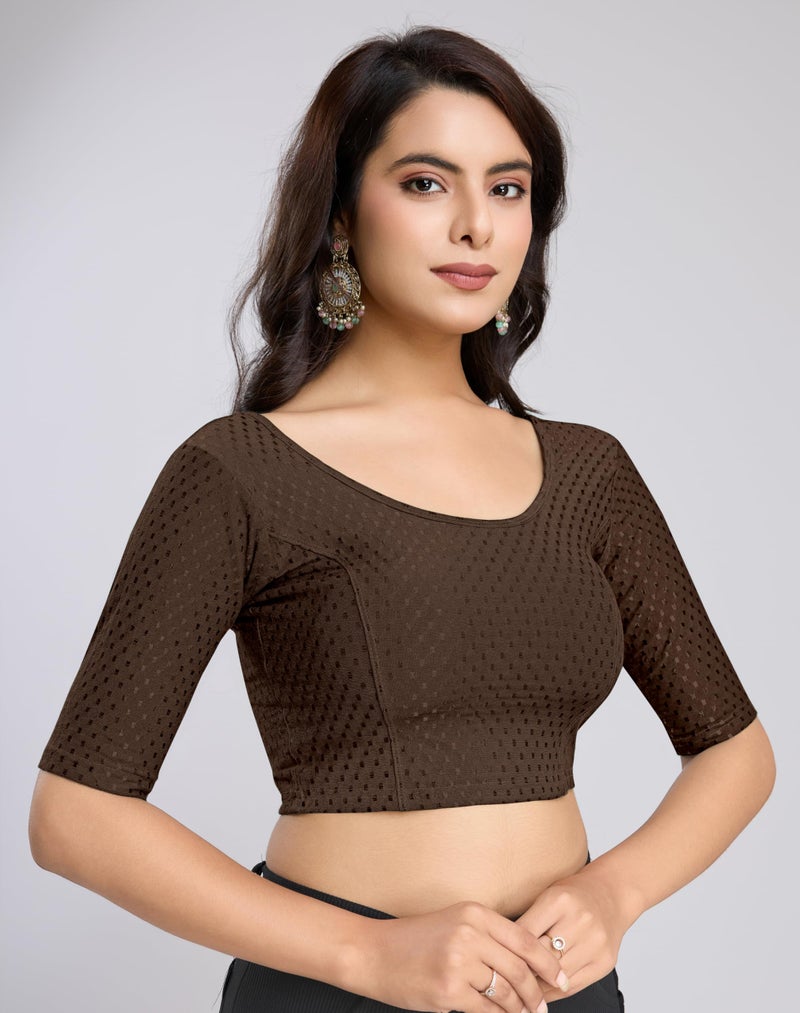 TRENDMALLS Women's Dobby Pure Cotton Elastin Stretchable Readymade Blouse (B01-Brown-L) - Image 3
