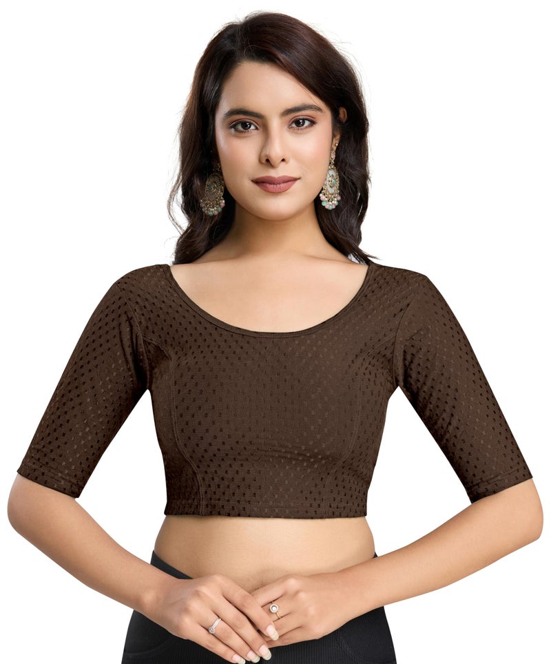 TRENDMALLS Women's Dobby Pure Cotton Elastin Stretchable Readymade Blouse (B01-Brown-L) - Image 1