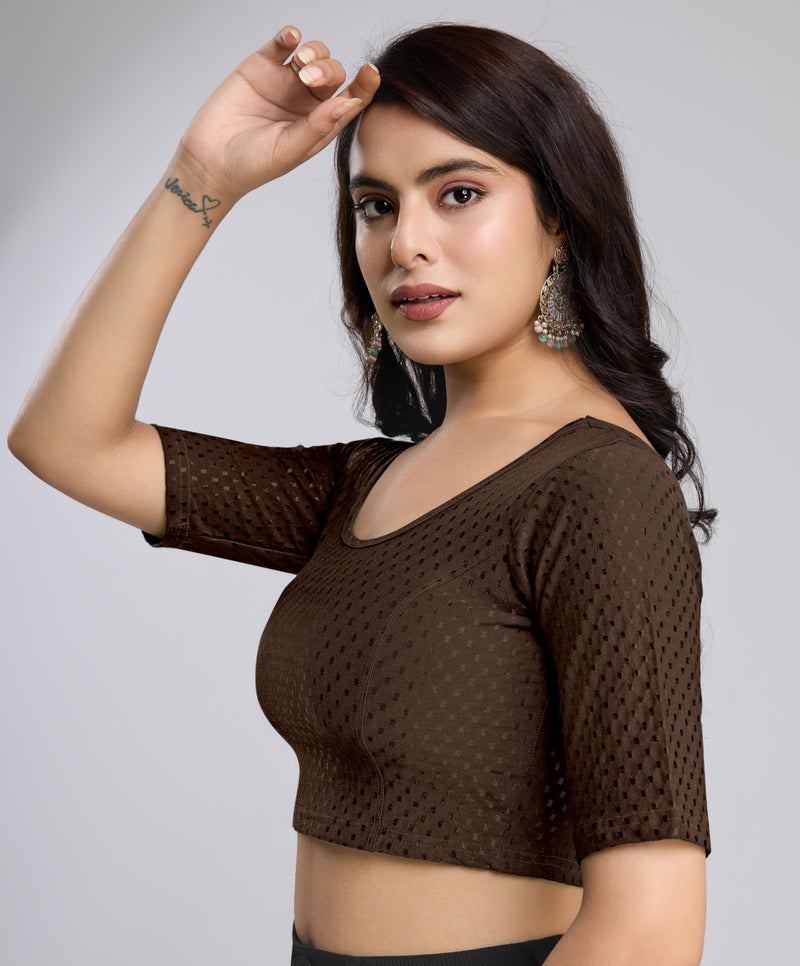 TRENDMALLS Women's Dobby Pure Cotton Elastin Stretchable Readymade Blouse (B01-Brown-L) - Image 4