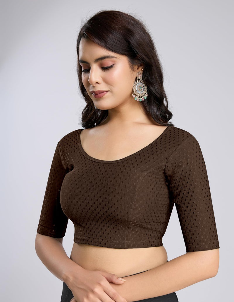TRENDMALLS Women's Dobby Pure Cotton Elastin Stretchable Readymade Blouse (B01-Brown-L) - Image 5