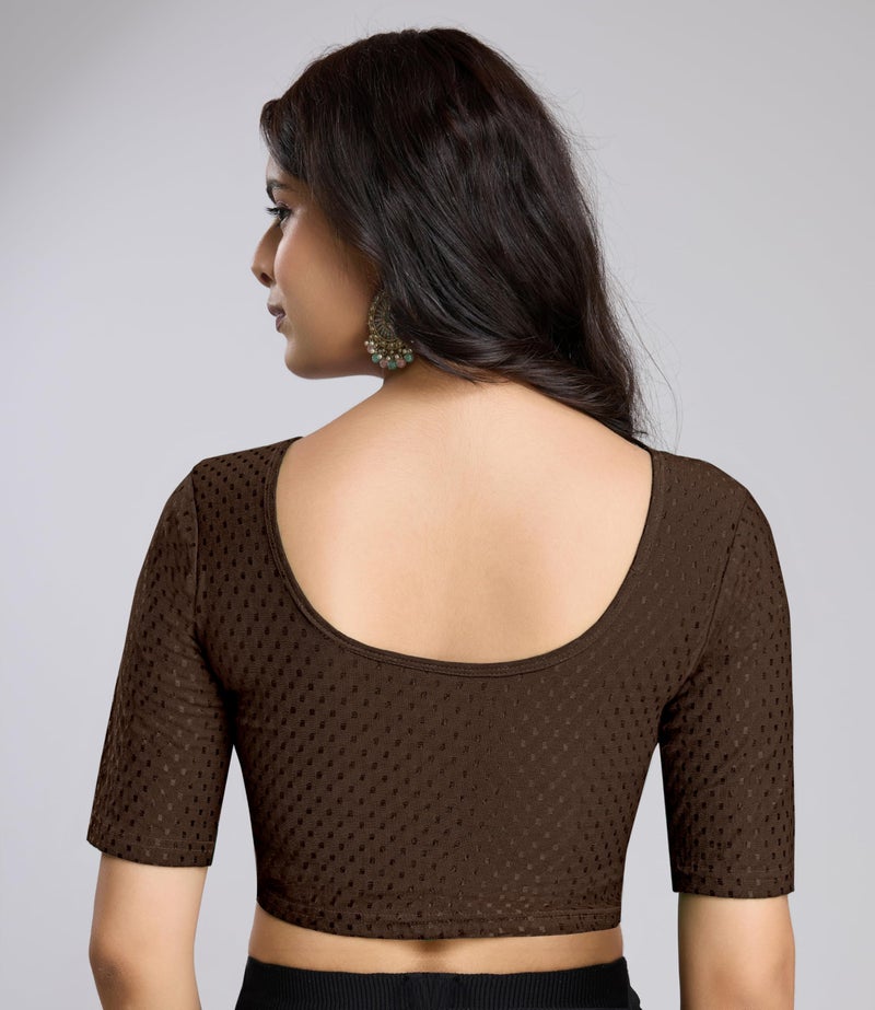 TRENDMALLS Women's Dobby Pure Cotton Elastin Stretchable Readymade Blouse (B01-Brown-L) - Image 2