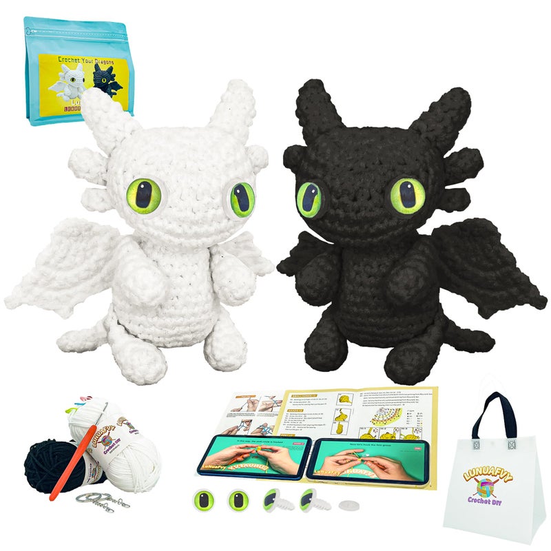LuNuaFvy Crochet Kit for Beginners Adults & 12+ Kids â€“ Complete Starter Kit to Make 2 Amigurumi Dragons with Left/Right-Hand Video Tutorial (4hr), 3-Way Animal Patterns, Gift & Storage Bags - Image 1