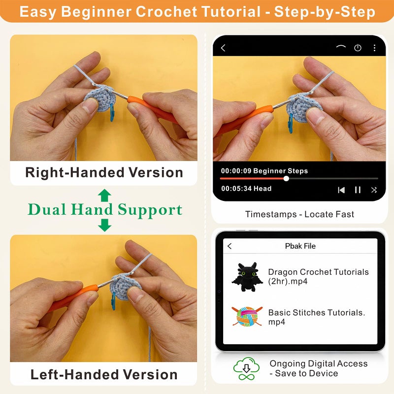 LuNuaFvy Crochet Kit for Beginners Adults & 12+ Kids â€“ Complete Starter Kit to Make 2 Amigurumi Dragons with Left/Right-Hand Video Tutorial (4hr), 3-Way Animal Patterns, Gift & Storage Bags - Image 4