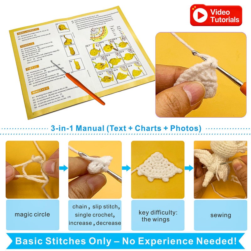 LuNuaFvy Crochet Kit for Beginners Adults & 12+ Kids â€“ Complete Starter Kit to Make 2 Amigurumi Dragons with Left/Right-Hand Video Tutorial (4hr), 3-Way Animal Patterns, Gift & Storage Bags - Image 3