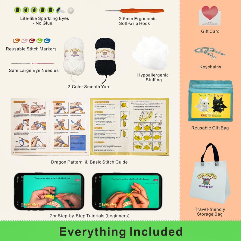 LuNuaFvy Crochet Kit for Beginners Adults & 12+ Kids â€“ Complete Starter Kit to Make 2 Amigurumi Dragons with Left/Right-Hand Video Tutorial (4hr), 3-Way Animal Patterns, Gift & Storage Bags - Image 2