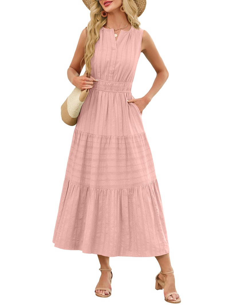 Funlingo Midi Dresses for Women Spring Pink Lightweight Elastic Waist V Neck Cocktail Dress Tiered Cotton Professional Dresses for Church Work Holidays Wedding M - Image 1