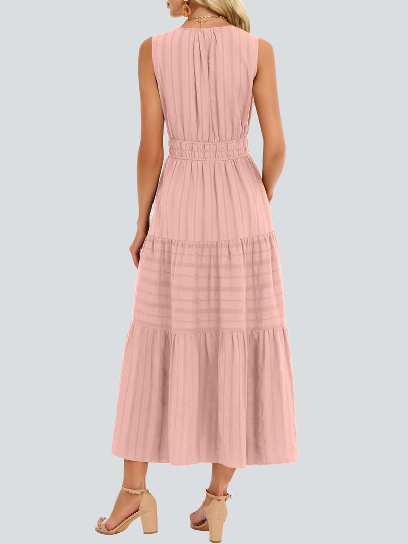 Funlingo Midi Dresses for Women Spring Pink Lightweight Elastic Waist V Neck Cocktail Dress Tiered Cotton Professional Dresses for Church Work Holidays Wedding M - Image 4