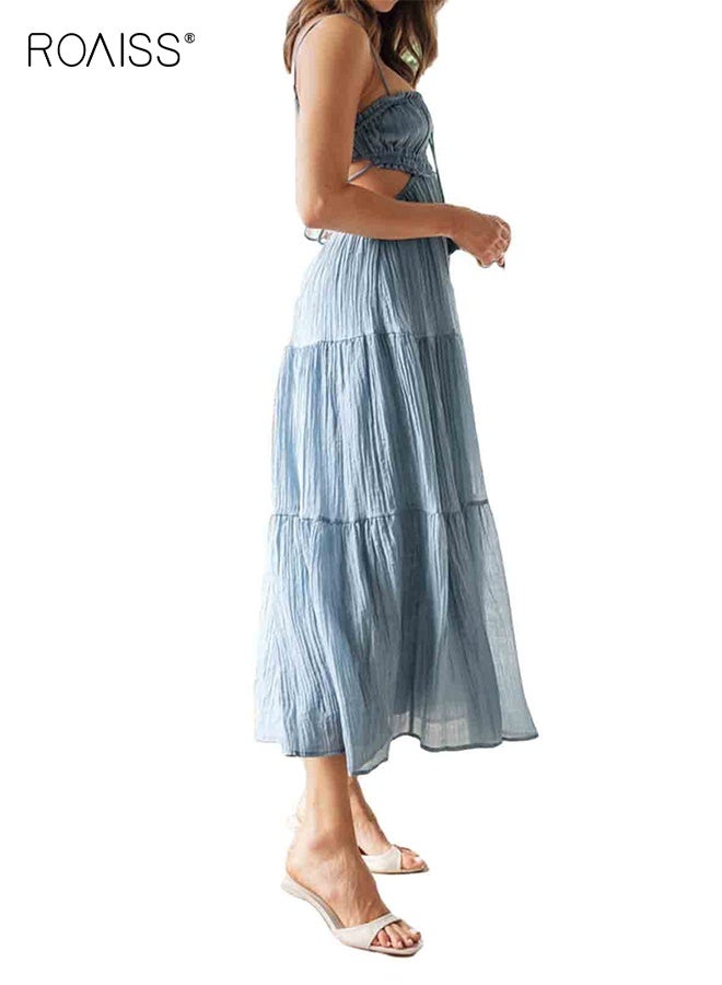 رويس فستان ماكسي صيفي بوهو بدون أكمام للنساء، فستان كامي بوهو مكشكش، فستان صيفي للشاطئ برباط خلفي، فستان طويل بحمالات للسيدات والفتيات، أزرق - Image 2