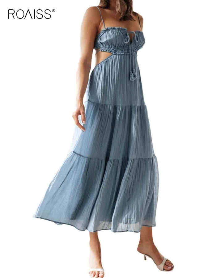 رويس فستان ماكسي صيفي بوهو بدون أكمام للنساء، فستان كامي بوهو مكشكش، فستان صيفي للشاطئ برباط خلفي، فستان طويل بحمالات للسيدات والفتيات، أزرق - Image 1