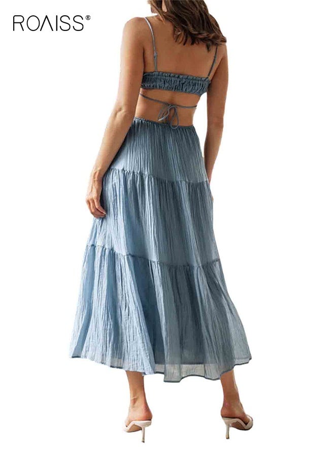 رويس فستان ماكسي صيفي بوهو بدون أكمام للنساء، فستان كامي بوهو مكشكش، فستان صيفي للشاطئ برباط خلفي، فستان طويل بحمالات للسيدات والفتيات، أزرق - Image 3