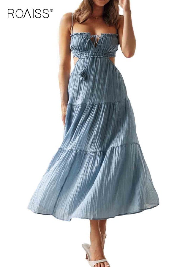 رويس فستان ماكسي صيفي بوهو بدون أكمام للنساء، فستان كامي بوهو مكشكش، فستان صيفي للشاطئ برباط خلفي، فستان طويل بحمالات للسيدات والفتيات، أزرق - Image 4
