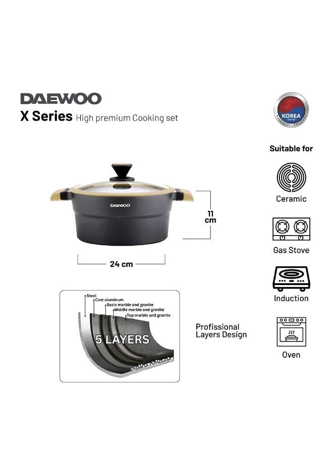 دايو طقم طهي دايوو سلسلة X مكوّن من 11 قطعة من الجرانيت، قدور 32 و28 و24 سم، مقلاة 28 سم، طاجن 28 سم مع قطعتين من أدوات المطبخ – أسود وبني - Image 4