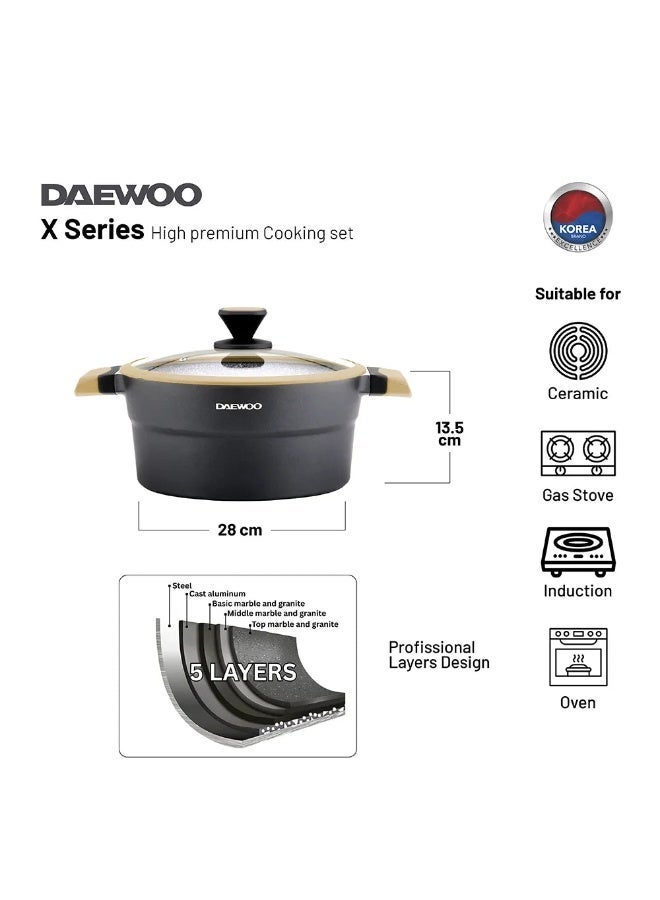 دايو طقم طهي دايوو سلسلة X مكوّن من 11 قطعة من الجرانيت، قدور 32 و28 و24 سم، مقلاة 28 سم، طاجن 28 سم مع قطعتين من أدوات المطبخ – أسود وبني - Image 3