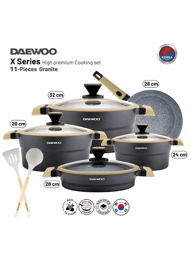 دايو طقم طهي دايوو سلسلة X مكوّن من 11 قطعة من الجرانيت، قدور 32 و28 و24 سم، مقلاة 28 سم، طاجن 28 سم مع قطعتين من أدوات المطبخ – أسود وبني - Image 1