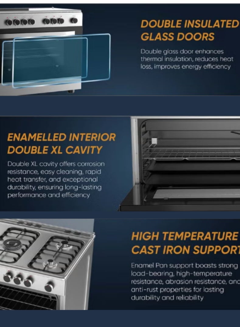 Venus موقد ستانلس ستيل 90x60 سم | 5 شعلات غاز مع شعلة ثلاثية الحلقة | فرن وشواية غاز كاملة | إشعال تلقائي | دعم أواني من الحديد الزهر المتين | سعة عائلية - نموذج VC9060ESD - Image 4
