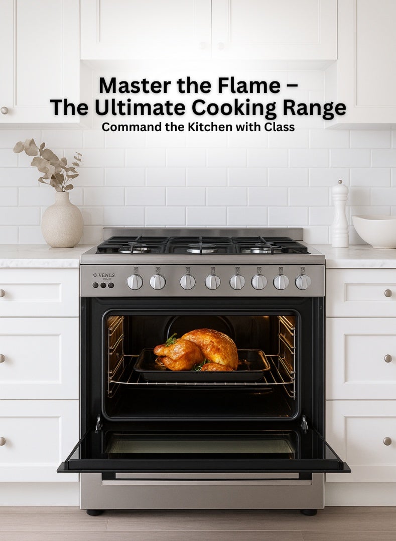 Venus موقد ستانلس ستيل 90x60 سم | 5 شعلات غاز مع شعلة ثلاثية الحلقة | فرن وشواية غاز كاملة | إشعال تلقائي | دعم أواني من الحديد الزهر المتين | سعة عائلية - نموذج VC9060ESD - Image 2