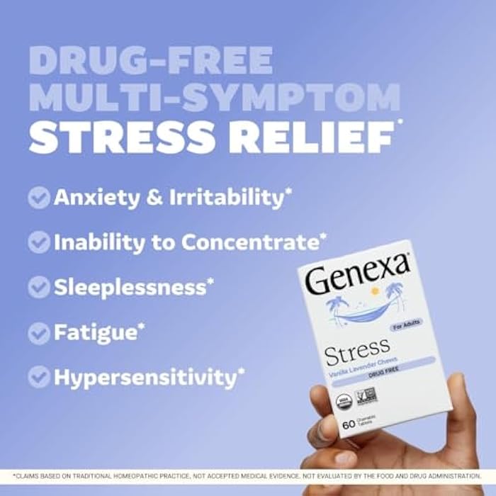 Genexa Stress for Adults | Anxiety Relief & Fatigue Remedy | Soothing Natural Vanilla & Lavender Flavor | Gluten Free & Non-GMO | Homeopathic Remedy Made Clean | 60 Chewable Tablets - Image 2