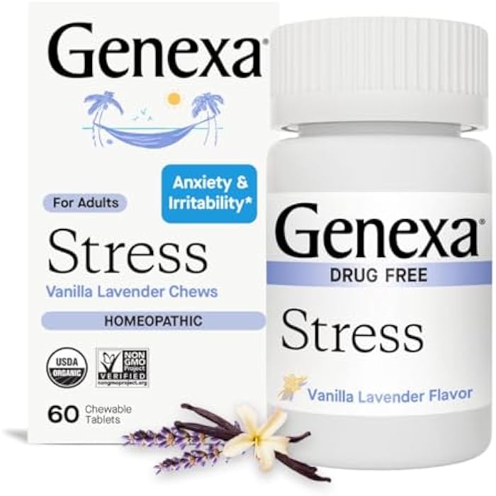 Genexa Stress for Adults | Anxiety Relief & Fatigue Remedy | Soothing Natural Vanilla & Lavender Flavor | Gluten Free & Non-GMO | Homeopathic Remedy Made Clean | 60 Chewable Tablets - Image 1