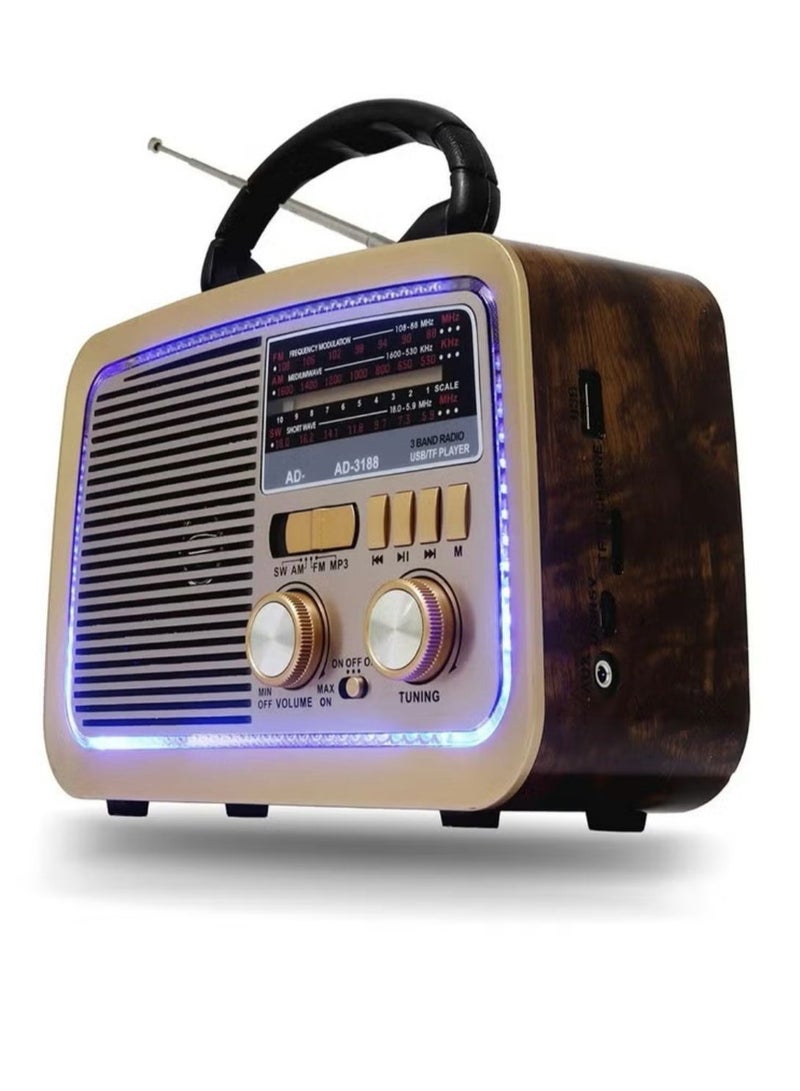 Denx Portable radio with an old fashioned style and design in a distinctive wooden color with three channels FM AM and SW and also supports Bluetooth and USB - Image 1