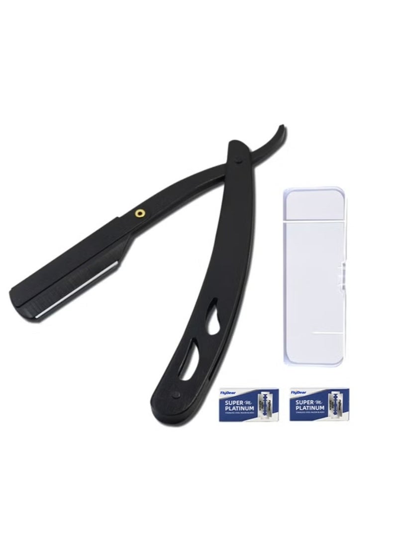 ماكينة حلاقة احترافية مستقيمة، شفرة واحدة عالية الجودة لحلاقة الشارب واللحية، لون أسود، من الفولاذ المقاوم للصدأ، ماكينة حلاقة احترافية ذات حافة مستقيمة لحلاقة الحلق (مكشطة فولاذية سوداء + 20 شفرة + علبة) - Image 1