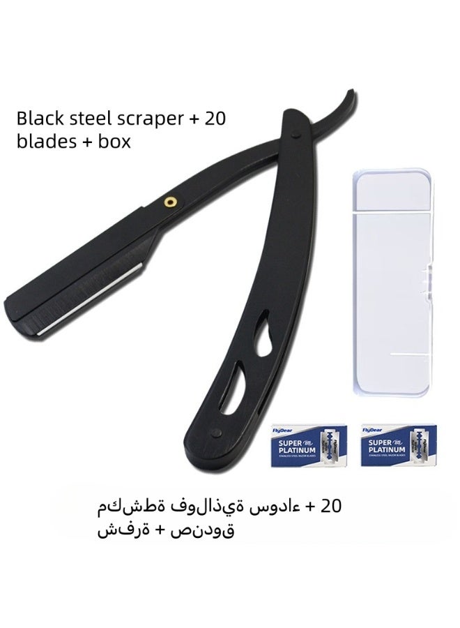 ماكينة حلاقة احترافية مستقيمة، شفرة واحدة عالية الجودة لحلاقة الشارب واللحية، لون أسود، من الفولاذ المقاوم للصدأ، ماكينة حلاقة احترافية ذات حافة مستقيمة لحلاقة الحلق (مكشطة فولاذية سوداء + 20 شفرة + علبة) - Image 2