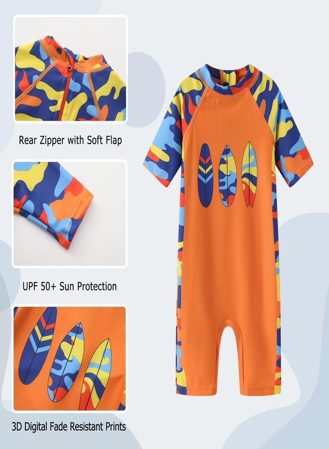 Aisyee Toddler Boys Rash Guard Sunsuits for Baby Boys One Piece Swimsuits UPF 50+ Short Sleeve Bathing Suits Beachwear Camo Orange 4T - Image 3