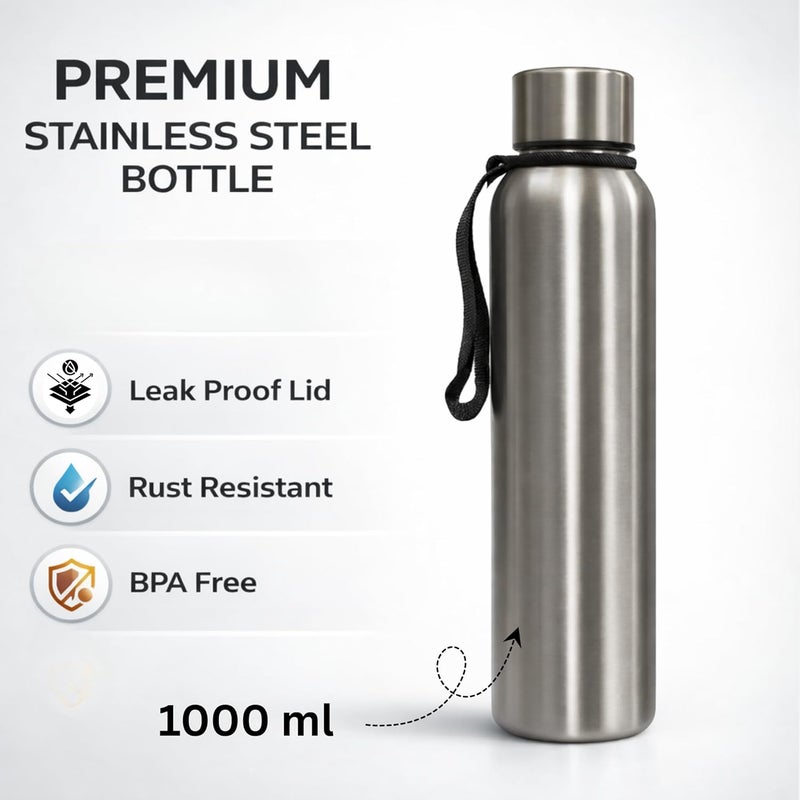 TUMMY Stainless Steel Water Bottle for Kid | Leak Proof Single Wall Metal Drinking Bottle Rust Resistant | Reusable Water Flask for Office School Gym Travel | BPA Free Secure Cap (1000ml) - Image 4