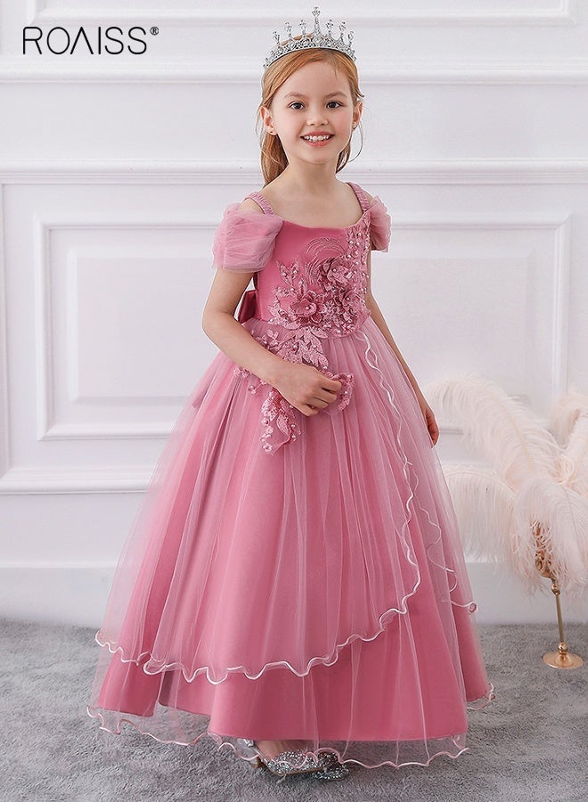 roaiss Girls Princess Dress with Back Zipper and Bow, Vintage Off The Shoulder Dress, Embroidery Strapless Pageant Dress, Gorgeous Prom Ball Gown, Suit for Wedding, Daily Wear and Special Occasion Pink - Image 1
