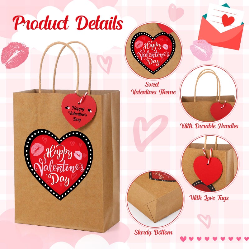 Pajean 24 Pcs Valentines Day Gift Bags with Handles and Tags Happy Valentine's Day Kraft Paper Bags Red Heart Love Goodie Candy Treat Gift Wrapping for Anniversary Wedding Party Favors Supplies - Image 4