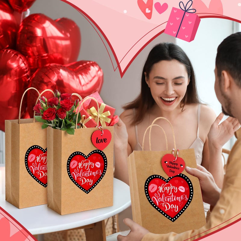 Pajean 24 Pcs Valentines Day Gift Bags with Handles and Tags Happy Valentine's Day Kraft Paper Bags Red Heart Love Goodie Candy Treat Gift Wrapping for Anniversary Wedding Party Favors Supplies - Image 5