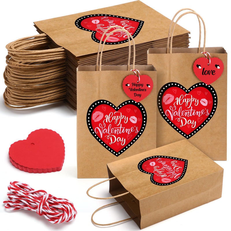 Pajean 24 Pcs Valentines Day Gift Bags with Handles and Tags Happy Valentine's Day Kraft Paper Bags Red Heart Love Goodie Candy Treat Gift Wrapping for Anniversary Wedding Party Favors Supplies - Image 1