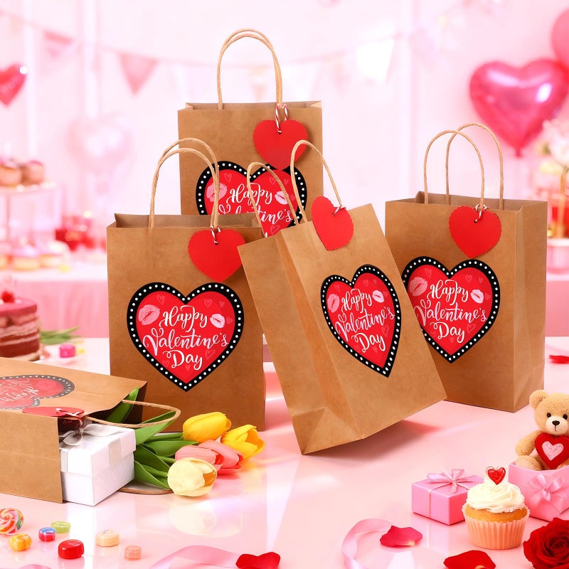 Pajean 24 Pcs Valentines Day Gift Bags with Handles and Tags Happy Valentine's Day Kraft Paper Bags Red Heart Love Goodie Candy Treat Gift Wrapping for Anniversary Wedding Party Favors Supplies - Image 2