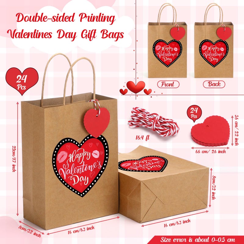 Pajean 24 Pcs Valentines Day Gift Bags with Handles and Tags Happy Valentine's Day Kraft Paper Bags Red Heart Love Goodie Candy Treat Gift Wrapping for Anniversary Wedding Party Favors Supplies - Image 3
