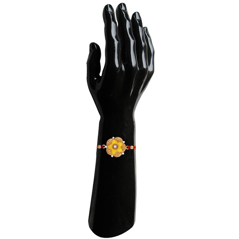 Mahi Bright Yellow Meenakari Work Floral Rakhi with White Crystals for Bhaiya RA1100638G - Image 2