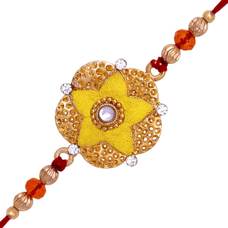 Mahi Bright Yellow Meenakari Work Floral Rakhi with White Crystals for Bhaiya RA1100638G - Image 1
