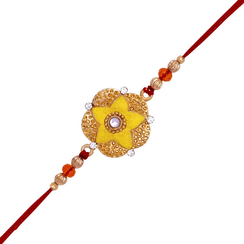 Mahi Bright Yellow Meenakari Work Floral Rakhi with White Crystals for Bhaiya RA1100638G - Image 3