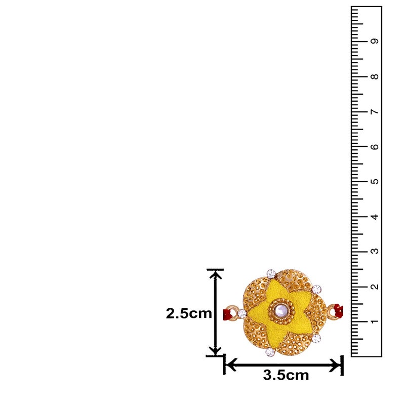 Mahi Bright Yellow Meenakari Work Floral Rakhi with White Crystals for Bhaiya RA1100638G - Image 4