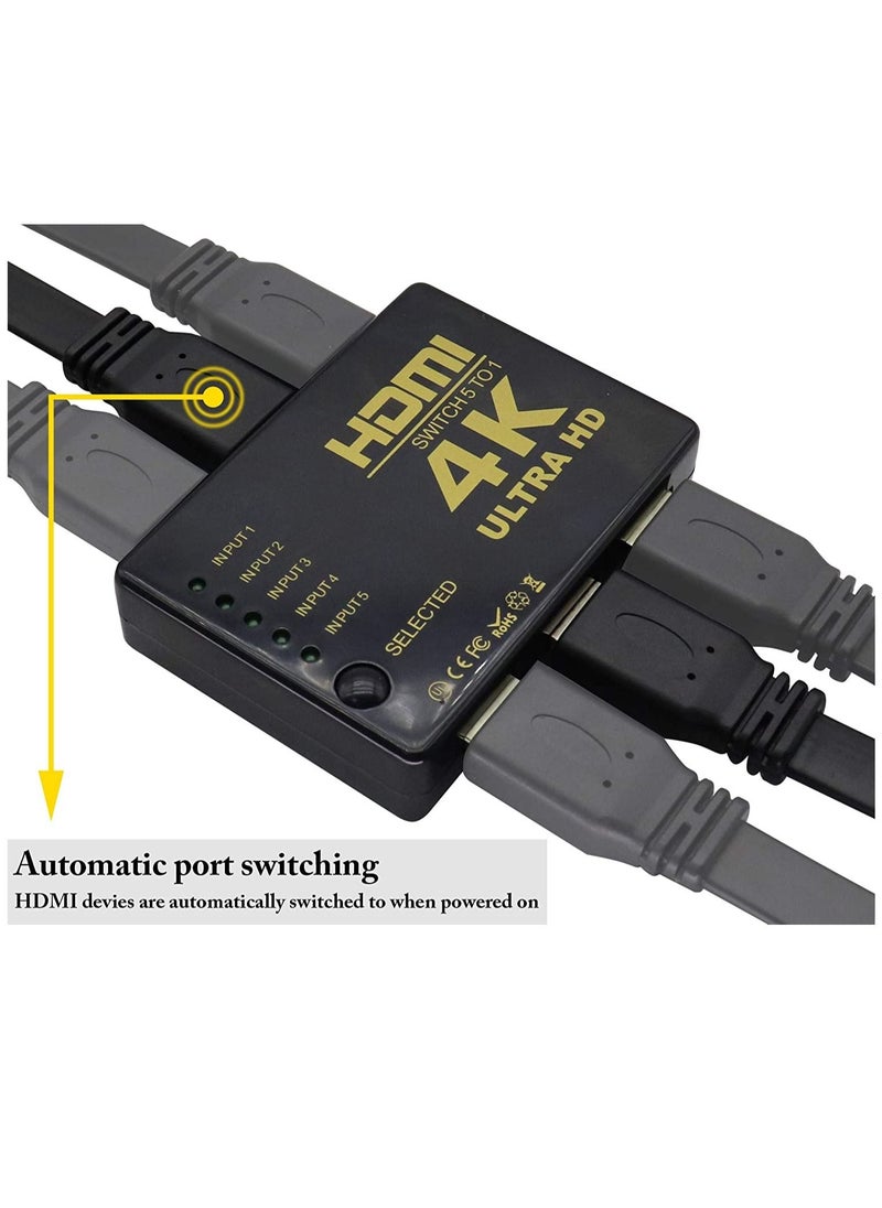 Generic - HDMI 1.4 switcher with IR remote control 4K smart 5 ports With power supply 1080P HD video HDMI 5 in 1 out For digital HD TV with HDMI interfaces set top boxes DVD and other devices - Image 1