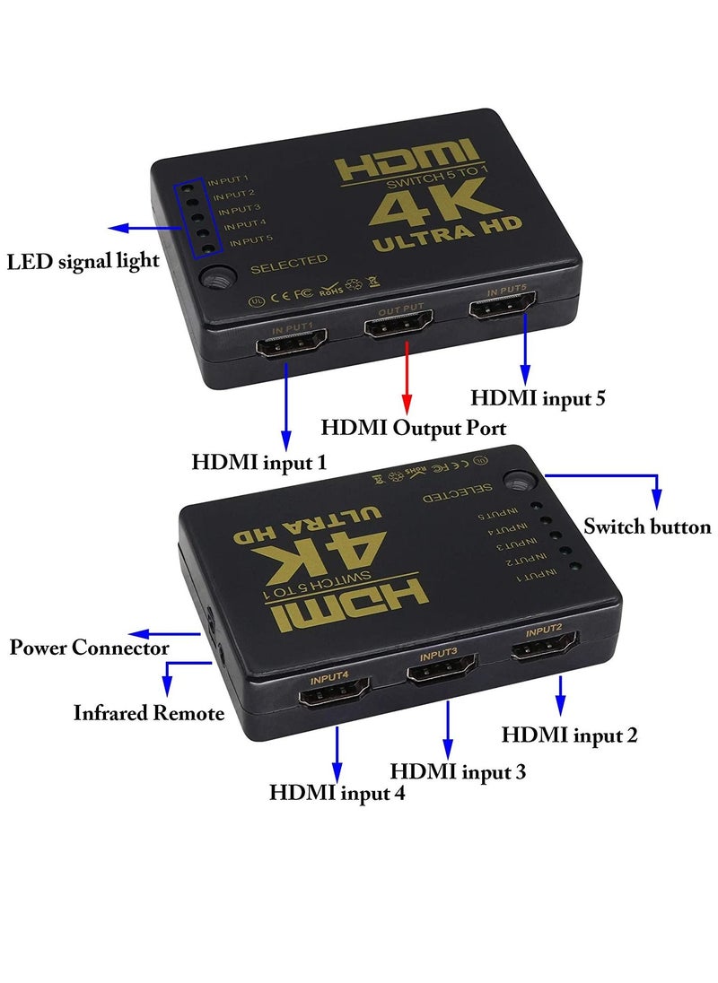 Generic - HDMI 1.4 switcher with IR remote control 4K smart 5 ports With power supply 1080P HD video HDMI 5 in 1 out For digital HD TV with HDMI interfaces set top boxes DVD and other devices - Image 1