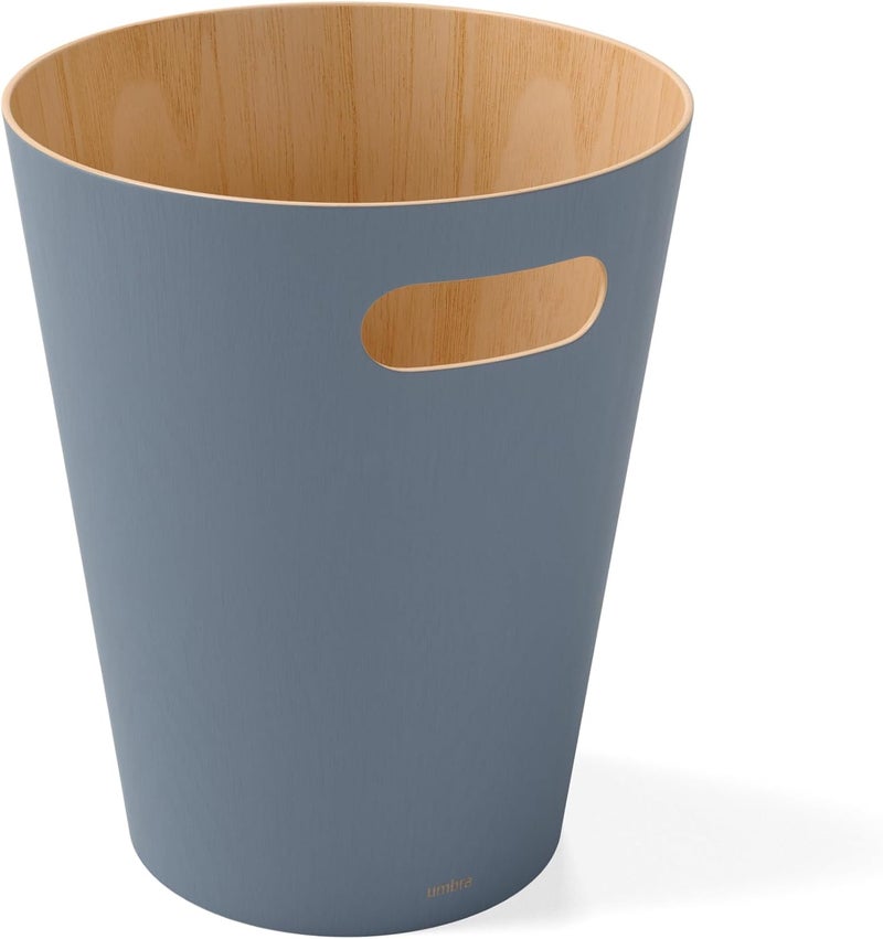 Umbra Woodrow 2-Gallon Modern Wooden Trash Can Wastebasket, Attractive Bin for Garbage or Recycling, Suitable for Home or Office, Slate Blue - Image 1