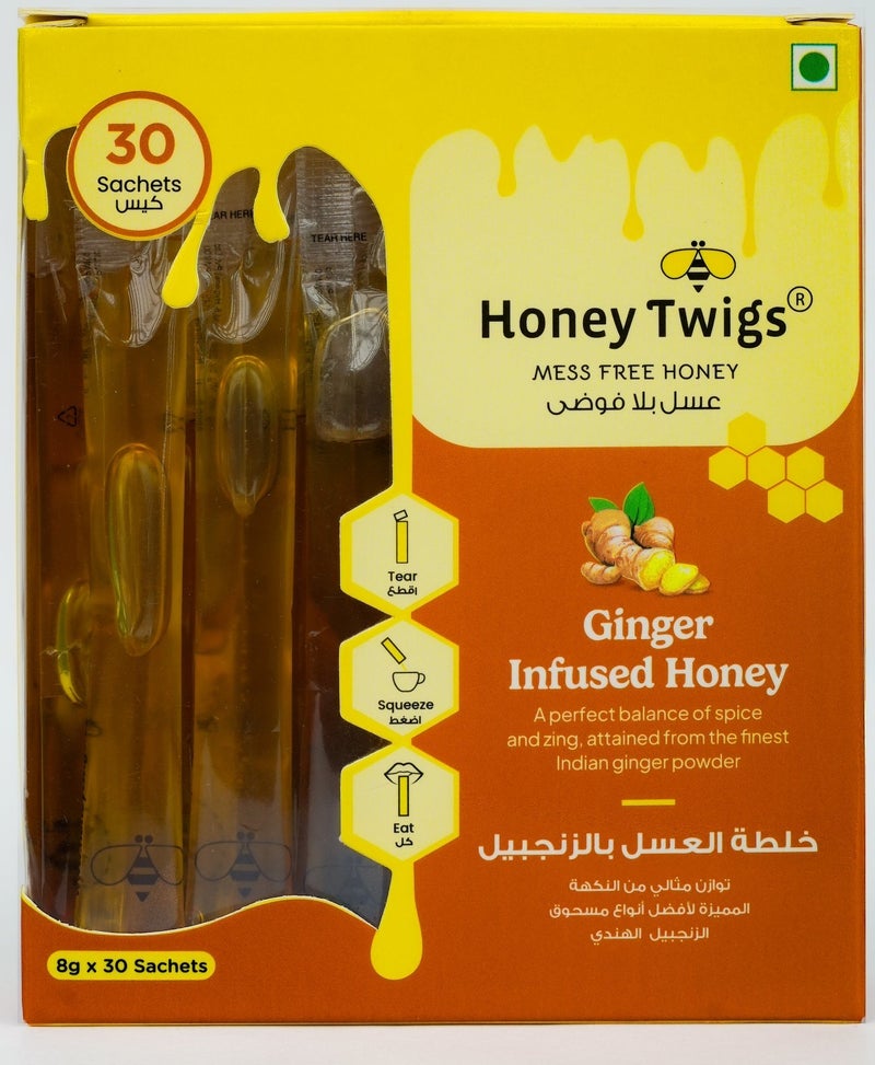 Honey Twigs Ginger Infused Honey - infused with ginger powder and extract, 240gms (8gx30 Sachets) | Good for cough & cold | Soothes throat - Image 1