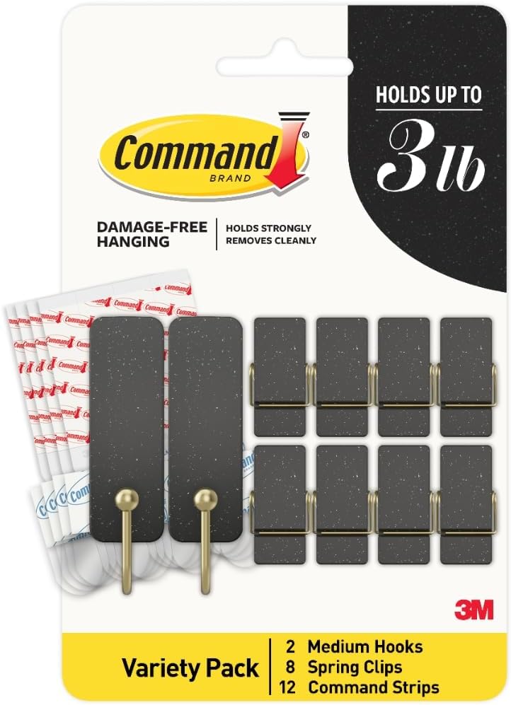 Command Mixed Hooks Pack, 10 Soot, 12 Strips (2 Medium Hooks, 8 Spring Clips), for Hanging Christmas Decorations - Image 1